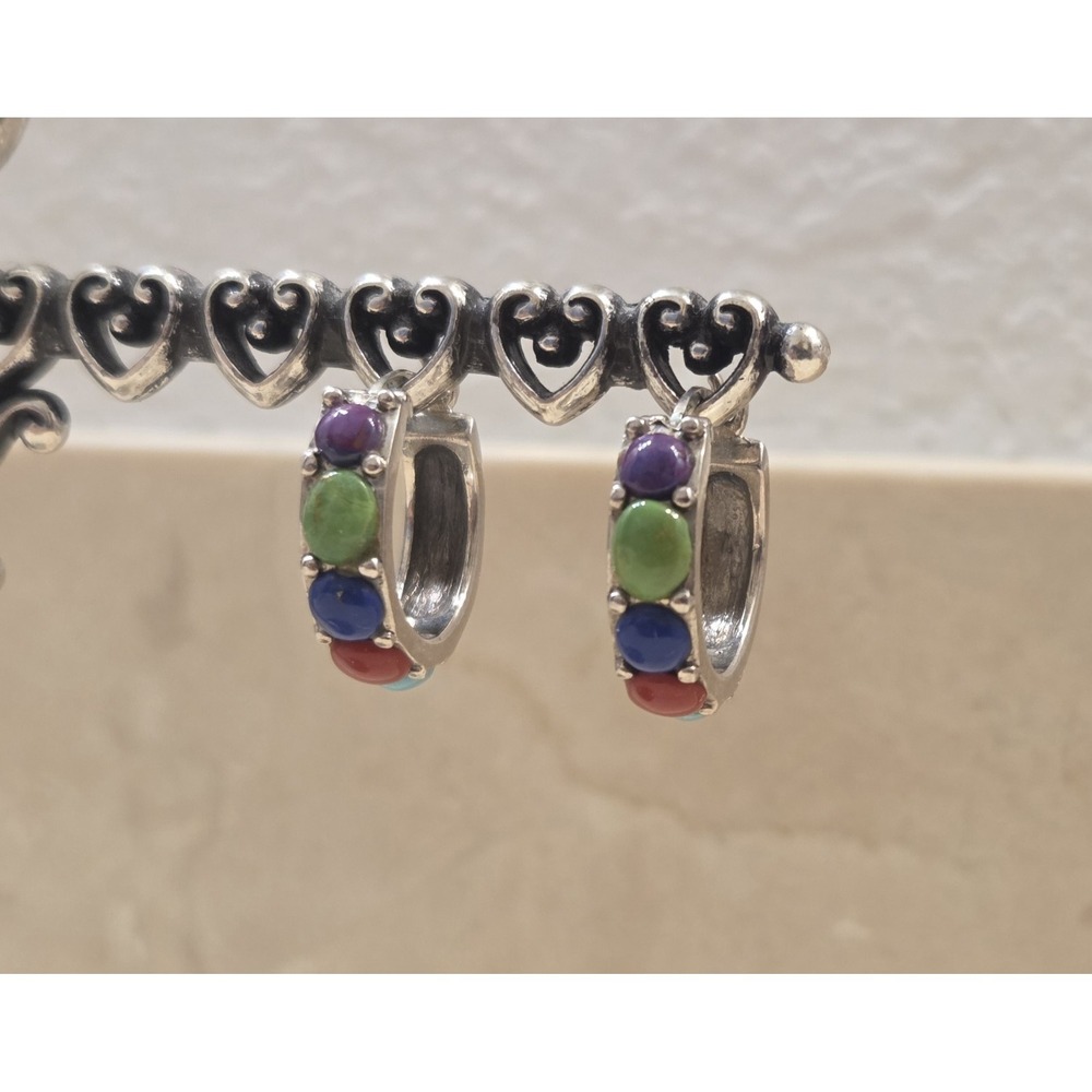 Vintage Navajo Sterling Silver Multi Gemstone Hoop Earrings